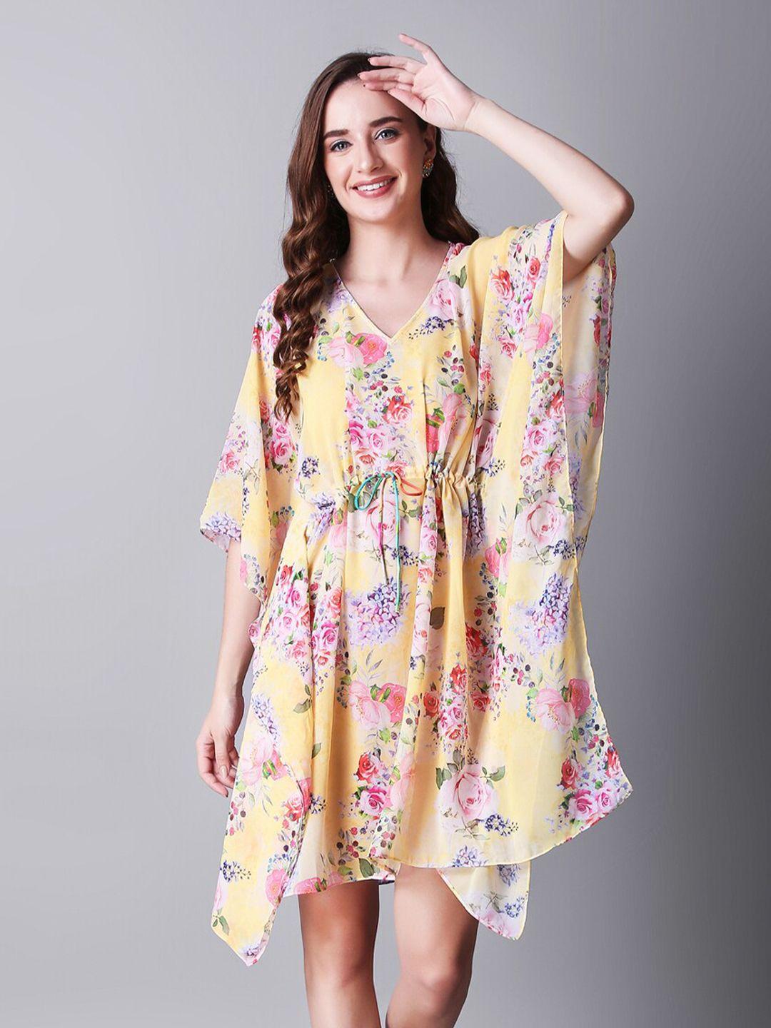 rajoria instyle multicoloured floral print tie-up neck flared sleeve georgette a-line dress