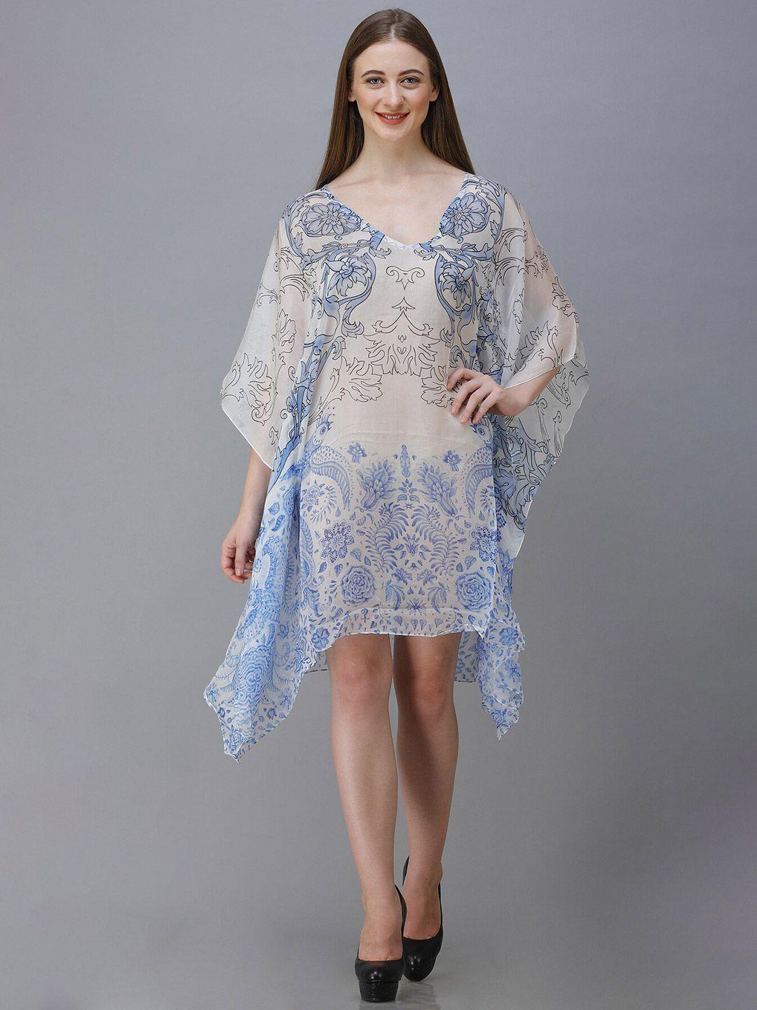 rajoria instyle off white & blue ethnic motifs georgette kaftan dress