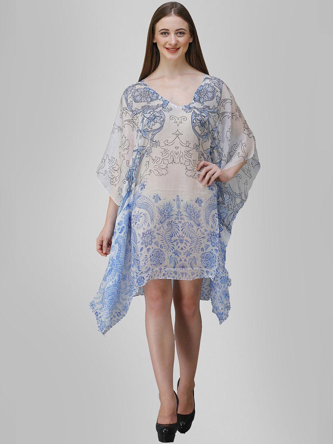 rajoria instyle off white & blue floral georgette kaftan dress