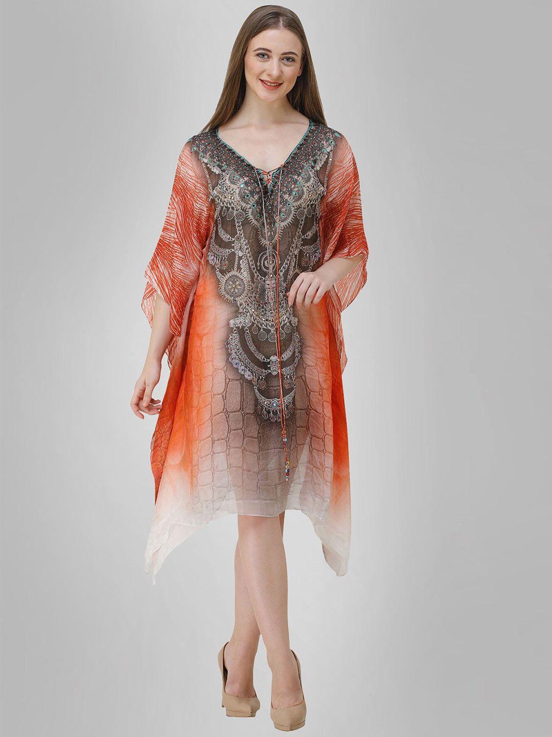 rajoria instyle orange & cream-coloured georgette ethnic kaftan dress