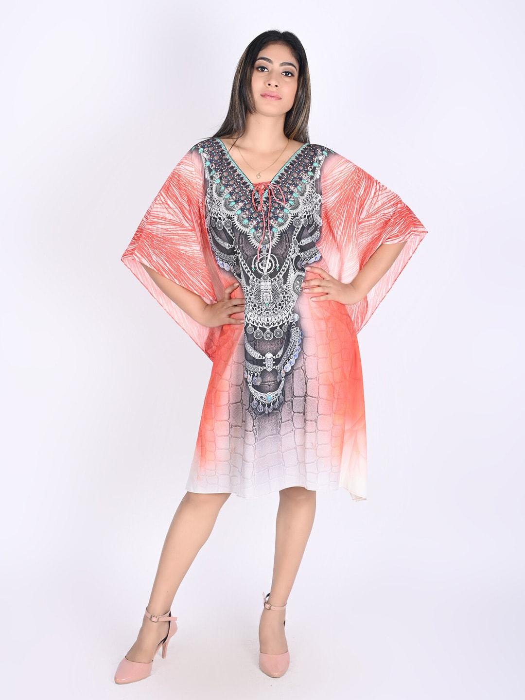 rajoria instyle orange & white ethnic motifs kaftan dress