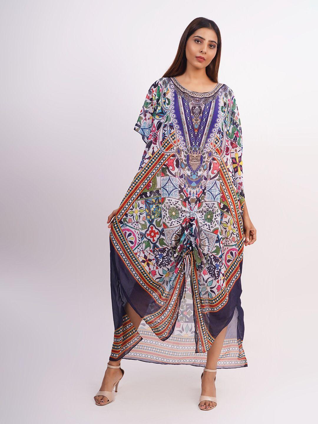 rajoria instyle purple & white ethnic motifs georgette ethnic kaftan maxi dress