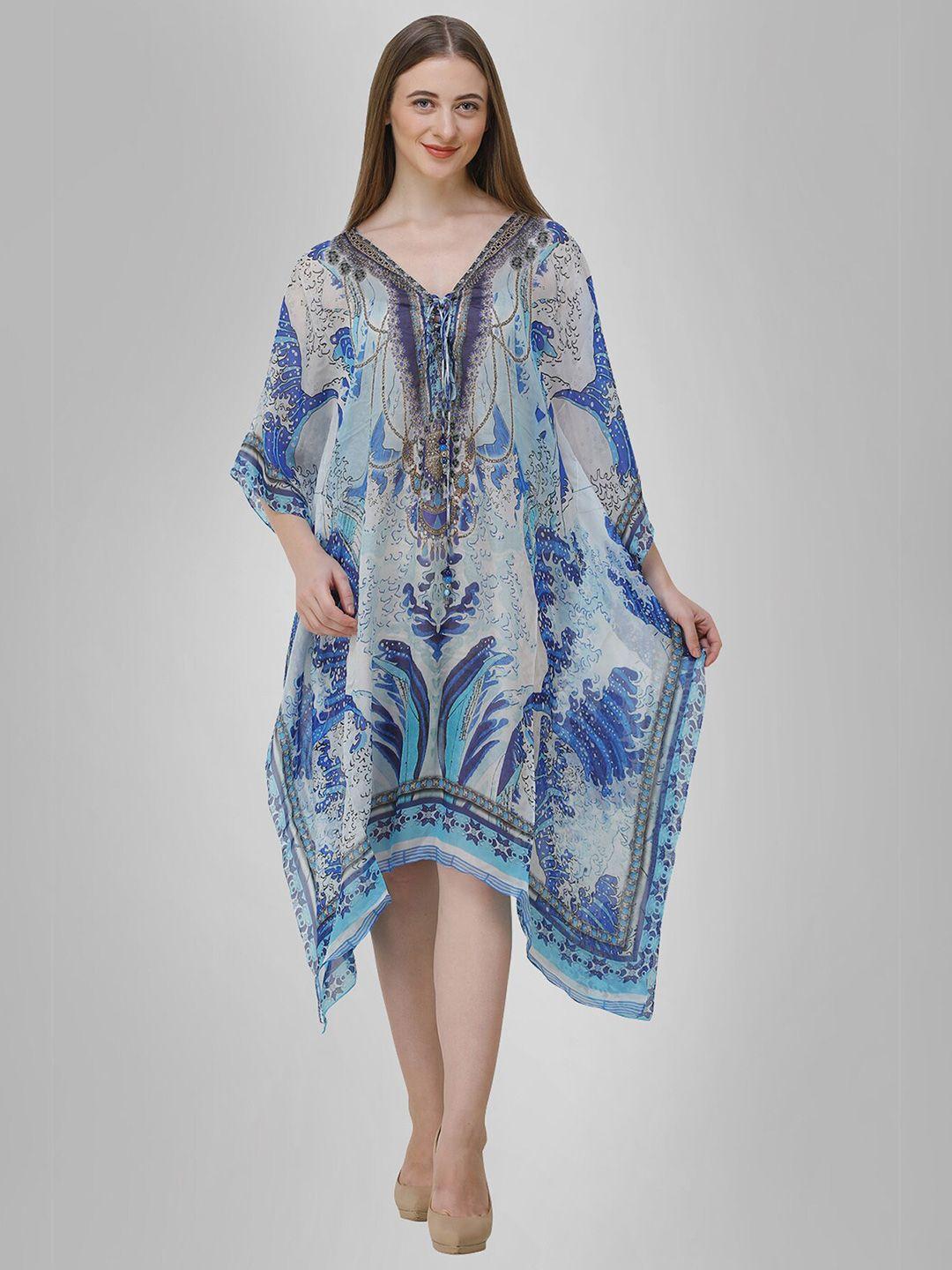 rajoria instyle white & blue ethnic motifs georgette ethnic kaftan dress