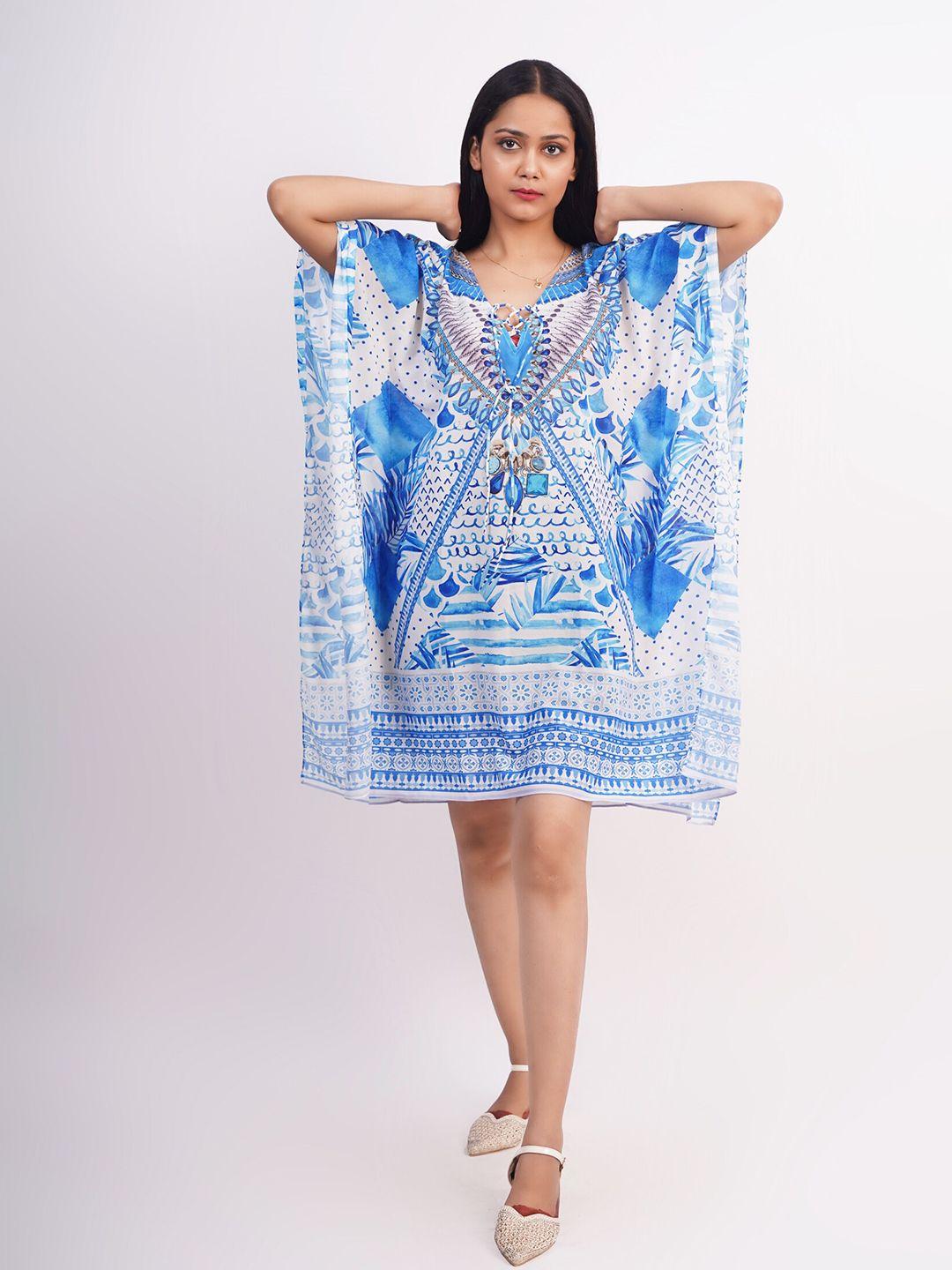 rajoria instyle white & blue tropical georgette kaftan dress