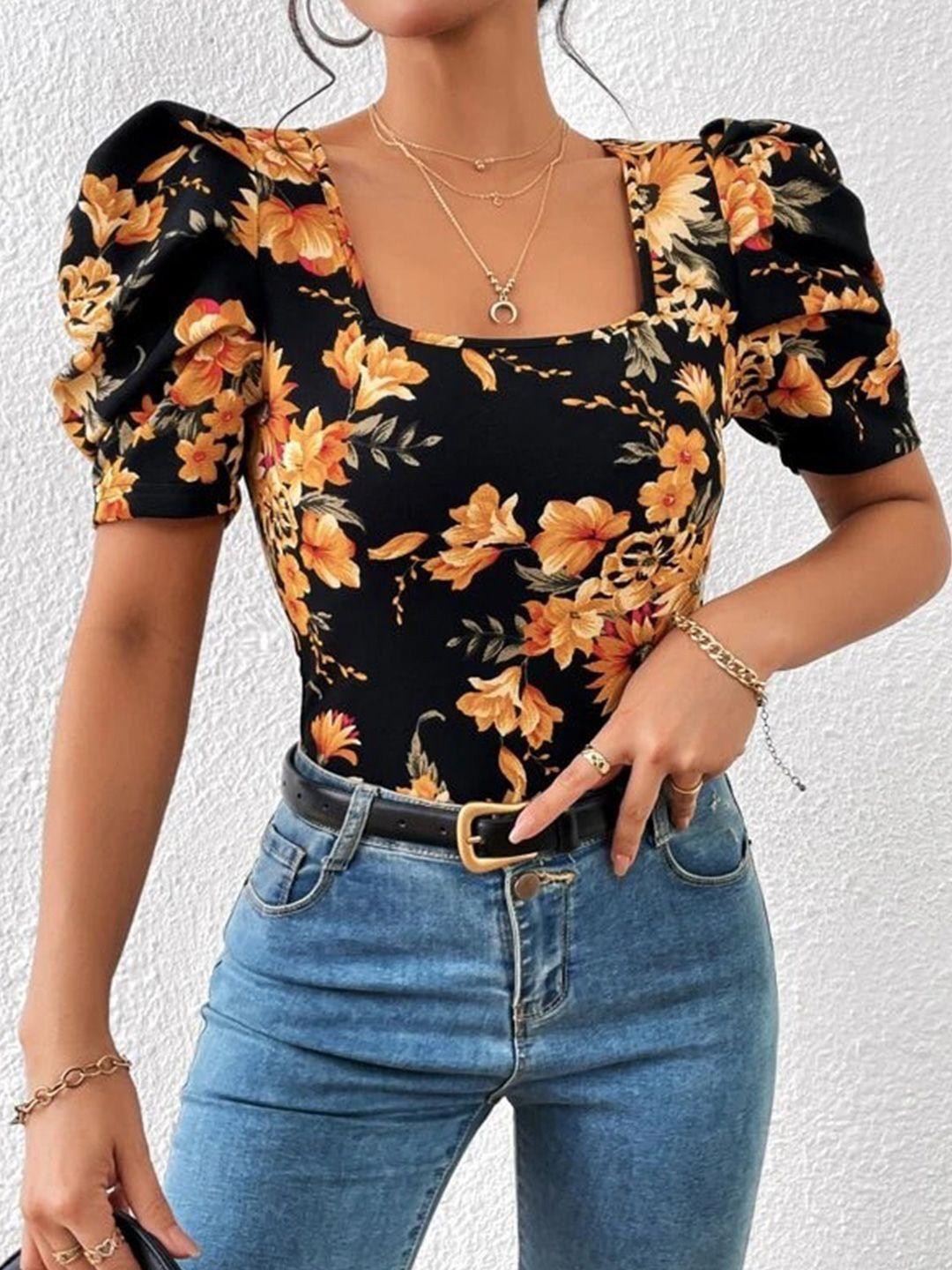 rajovati black floral print puff sleeve top