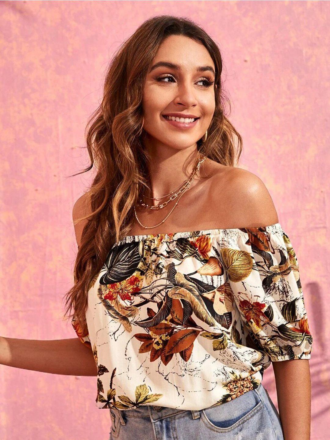 rajovati brown floral print off-shoulder cotton bardot top