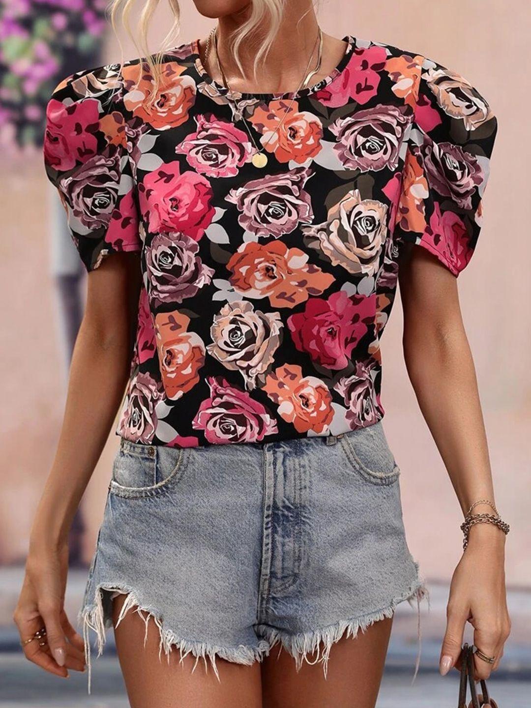 rajovati multicoloured floral print flutter sleeve cotton top