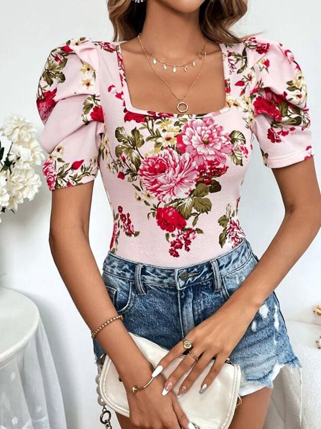 rajovati pink floral print sweetheart neck puff sleeve cotton top