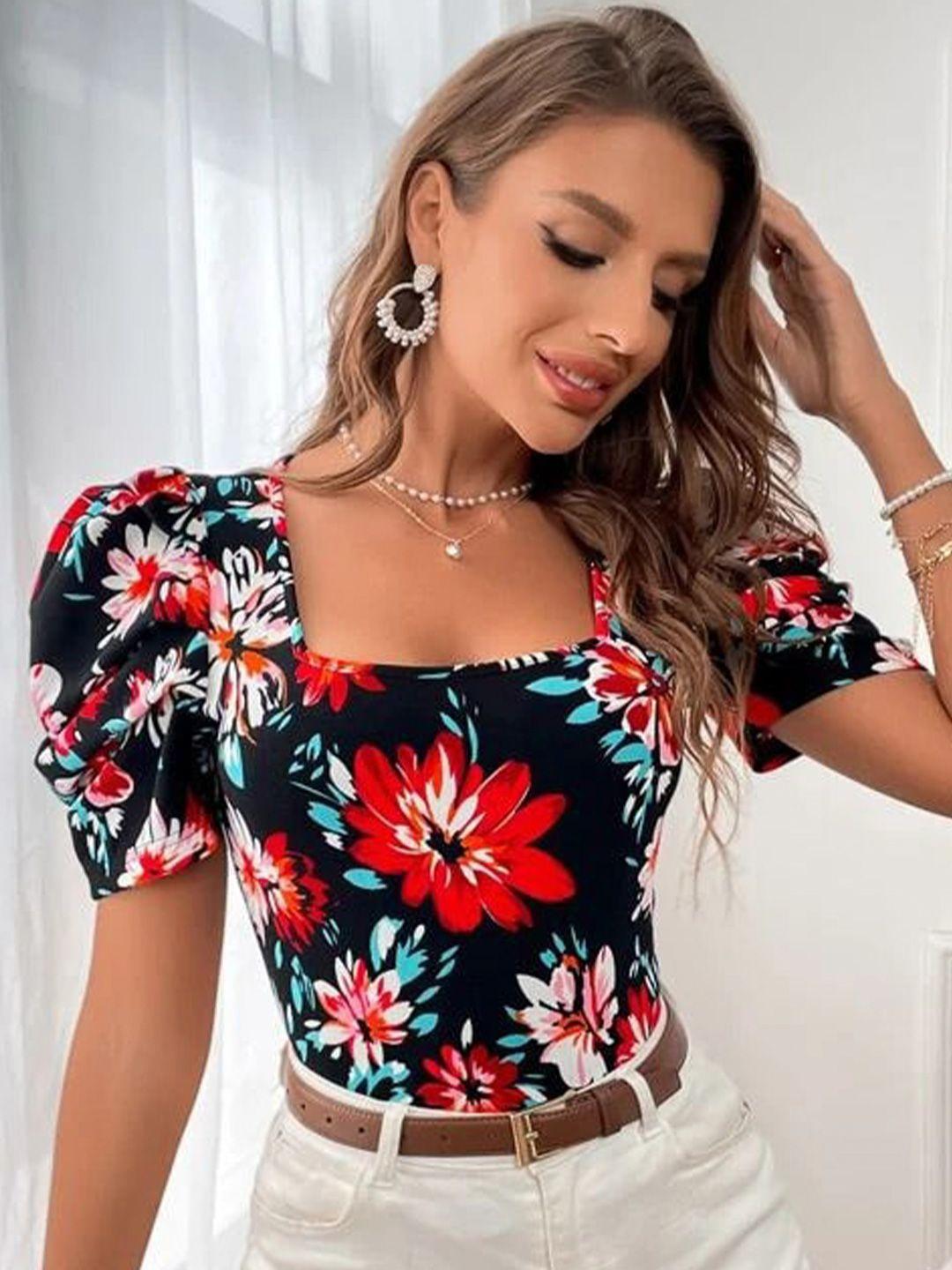 rajovati red floral print puff sleeve crop top