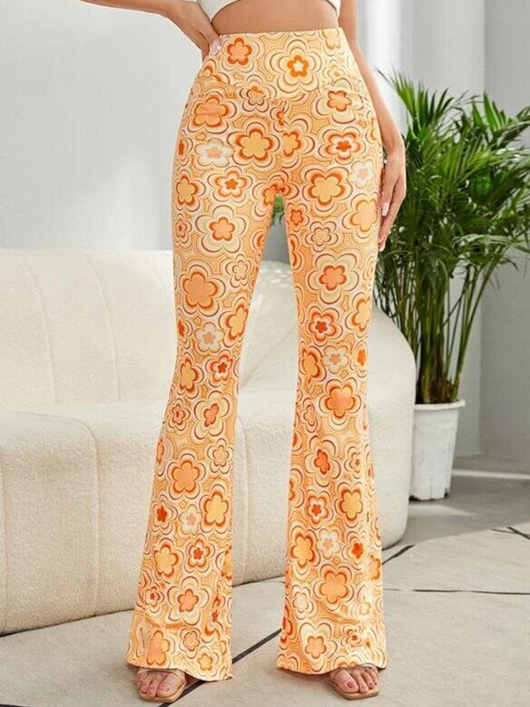 rajovati women yellow printed comfort high-rise trousers