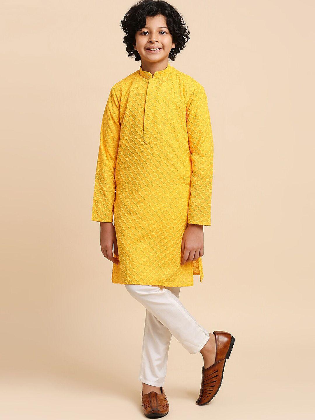 rajubhai hargovindas boys chikankari embroidered mandarin collar long sleeve cotton kurta
