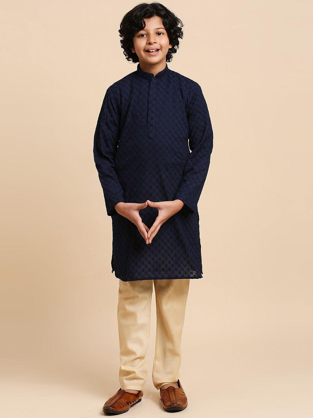 rajubhai hargovindas boys chikankari embroidered mandarin collar long sleeve cotton kurta