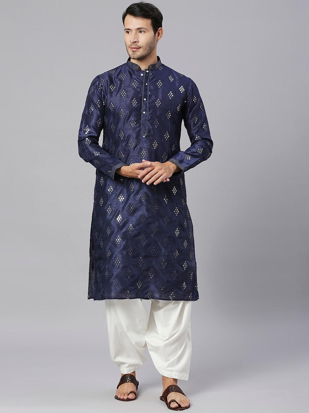 rajubhai hargovindas embellished mandarin collar sequinned silk cotton kurta