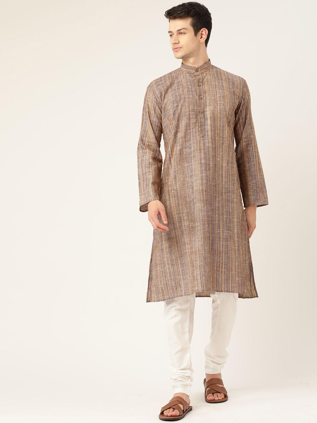 rajubhai hargovindas men taupe pure cotton woven design handloom kurta with churidar