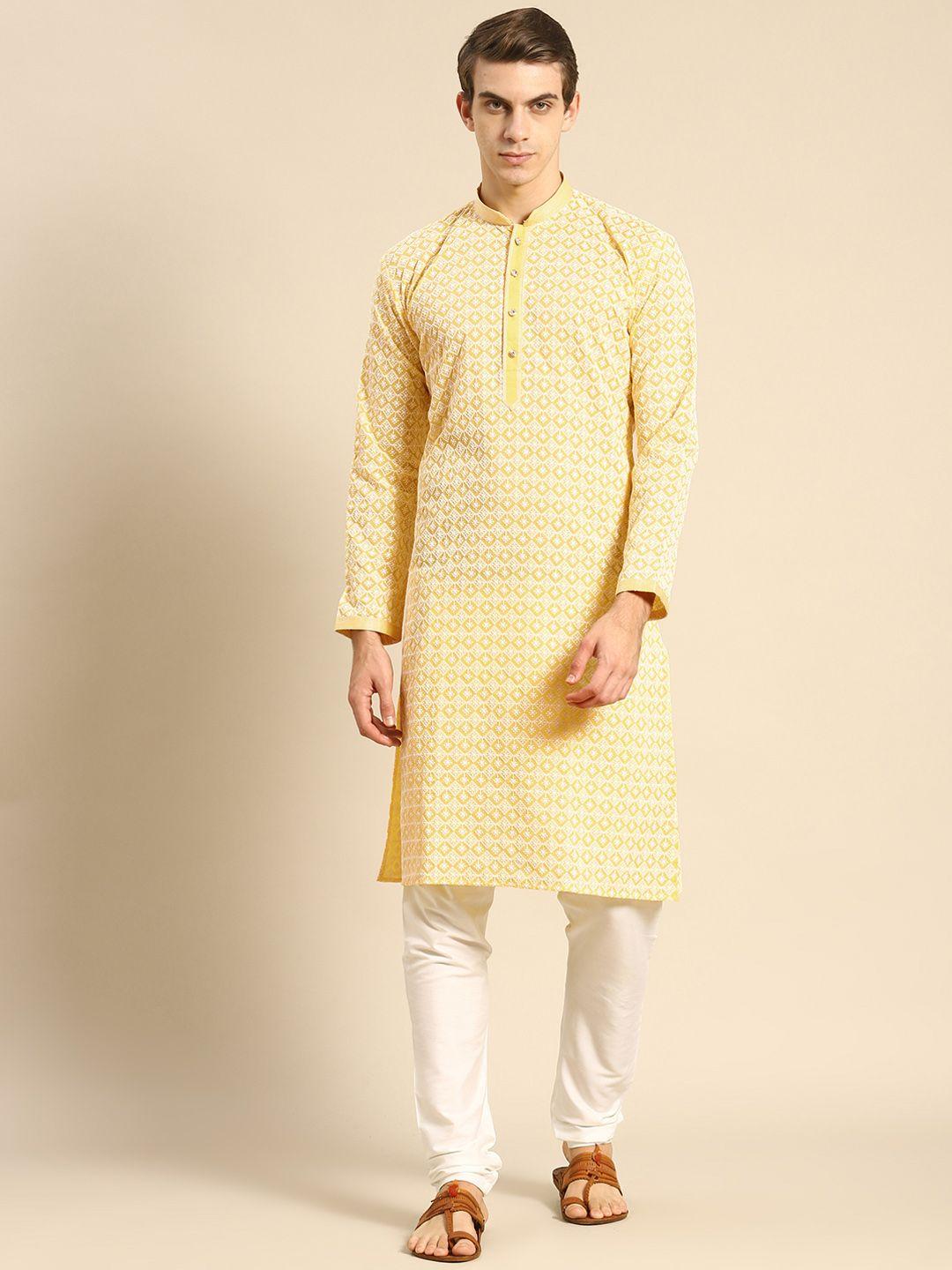 rajubhai hargovindas men yellow & white ethnic motifs embroidered chikankari kurta