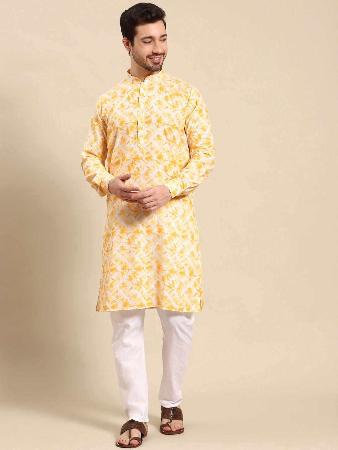 rajubhai hargovindas men yellow & white tie and dye pure cotton kurta