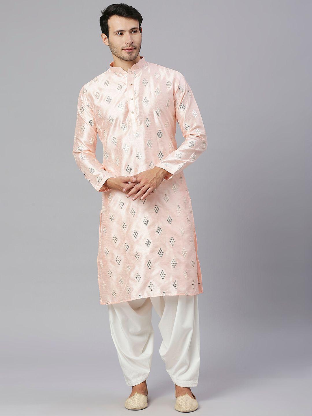 rajubhai hargovindas embellished mandarin collar sequinned silk cotton kurta