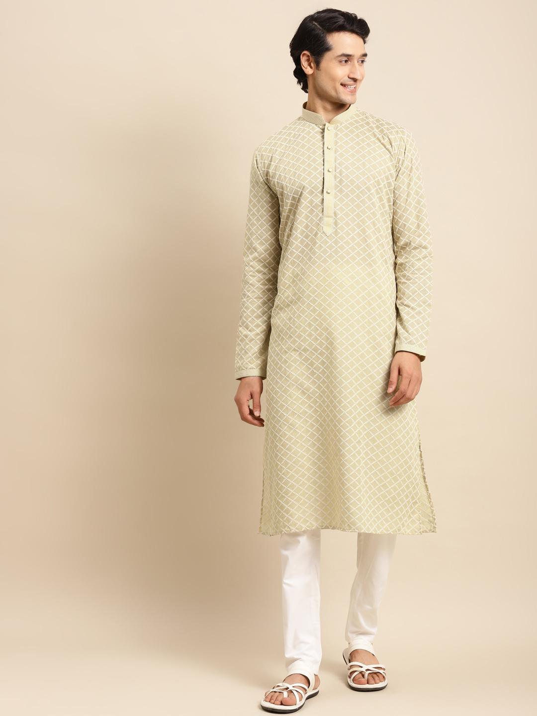 rajubhai hargovindas men beige embroidered chikankari pure cotton kurta with pyjamas