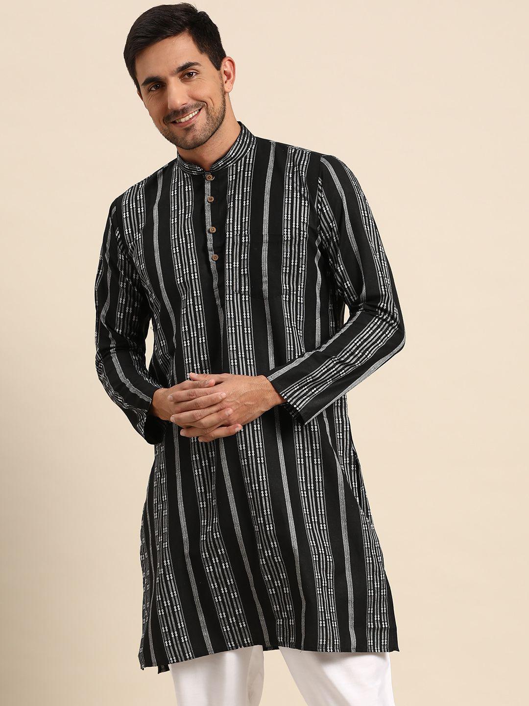 rajubhai hargovindas men black & white pure cotton striped handloom kurta