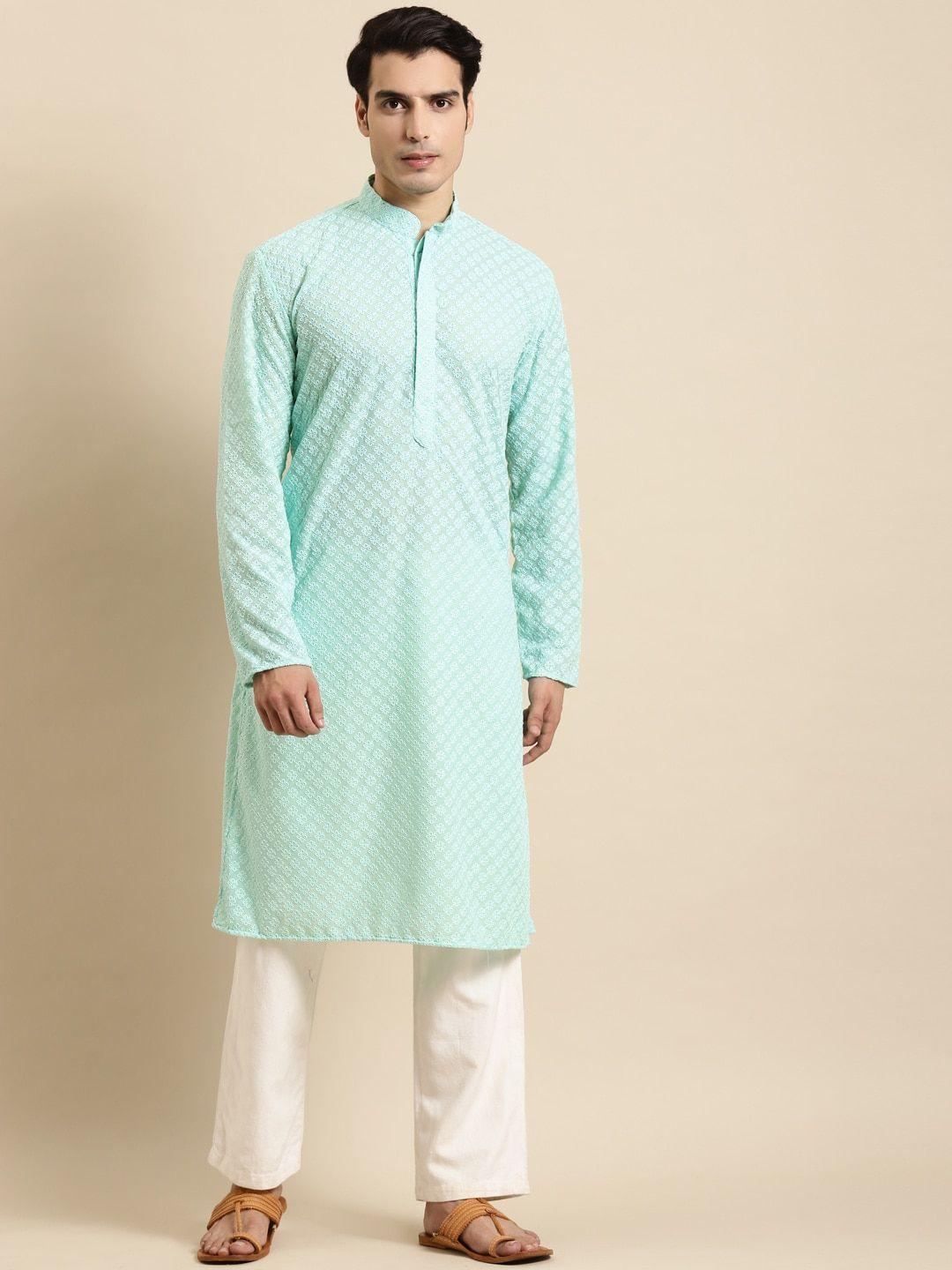 rajubhai hargovindas men blue & white regular chikankari pure cotton kurta with pyjamas