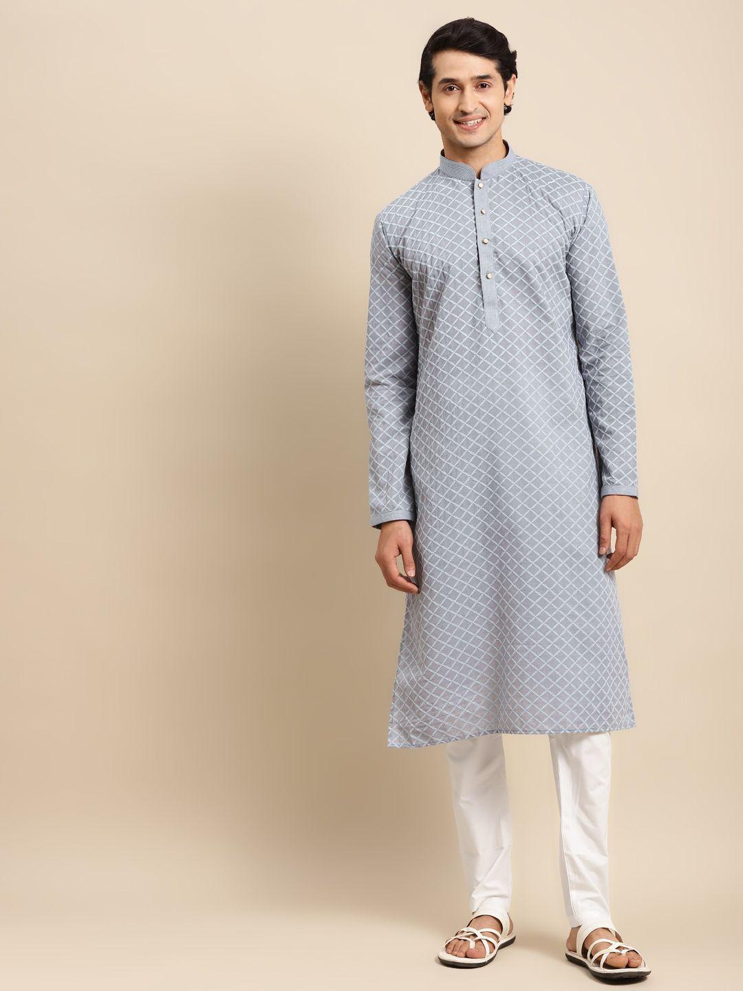 rajubhai hargovindas men blue embroidered chikankari pure cotton kurta with pyjamas