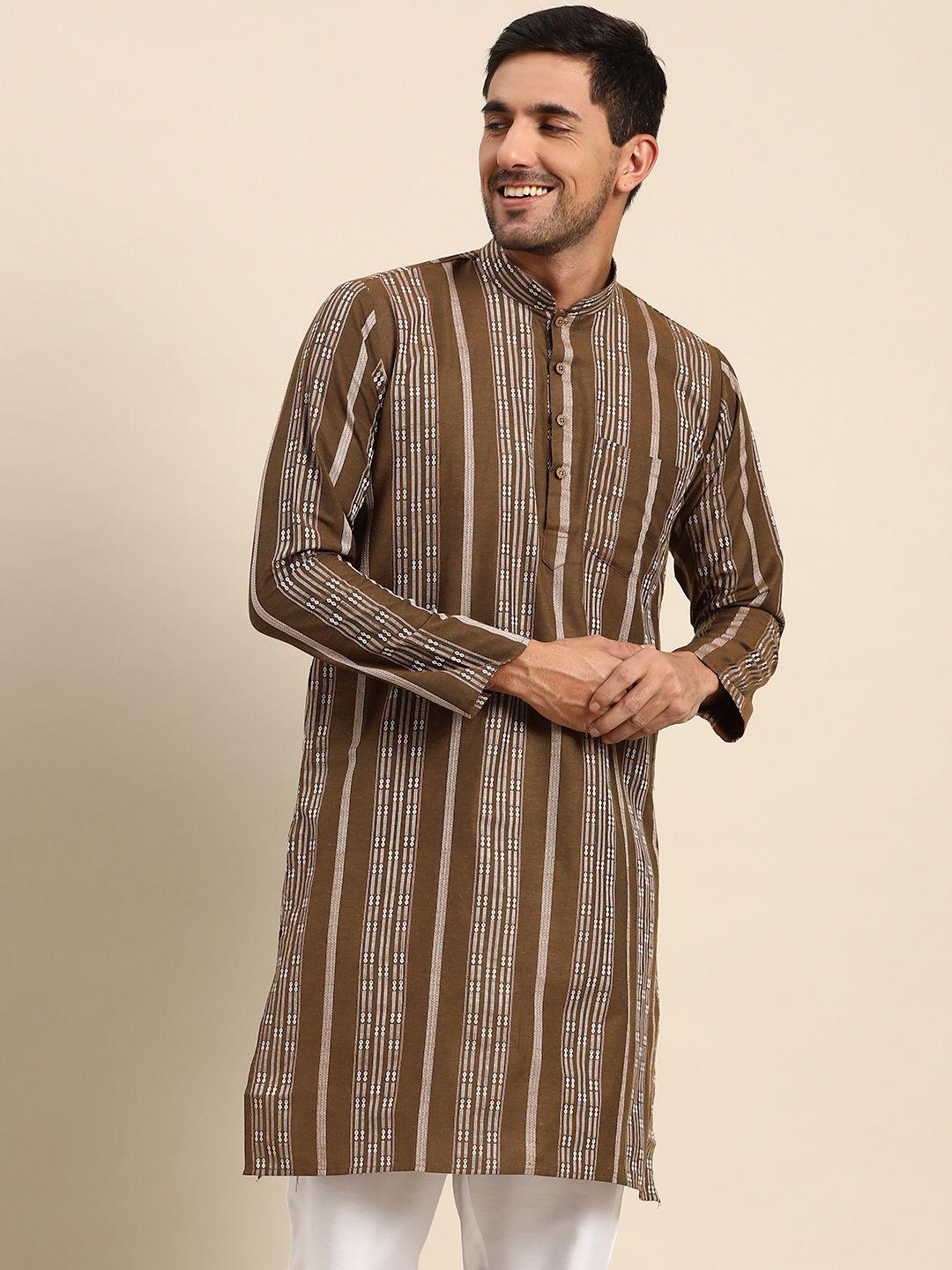 rajubhai hargovindas men brown & white pure cotton striped handloom kurta