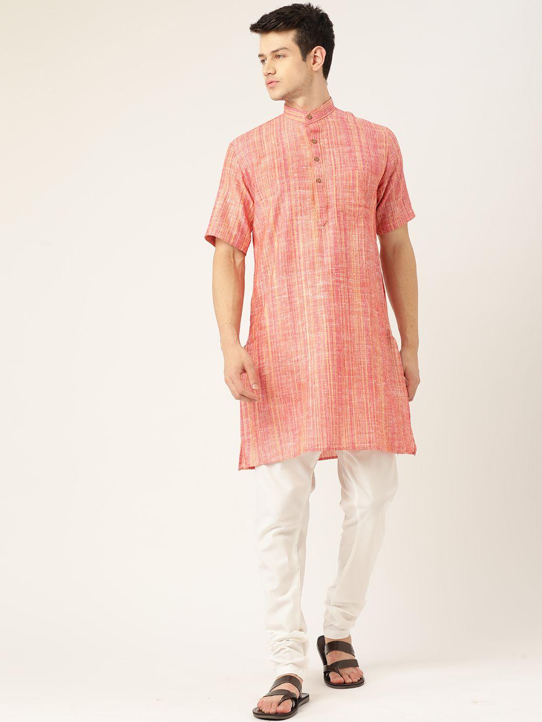 rajubhai hargovindas men coral pink & white pure cotton kurta with pyjamas