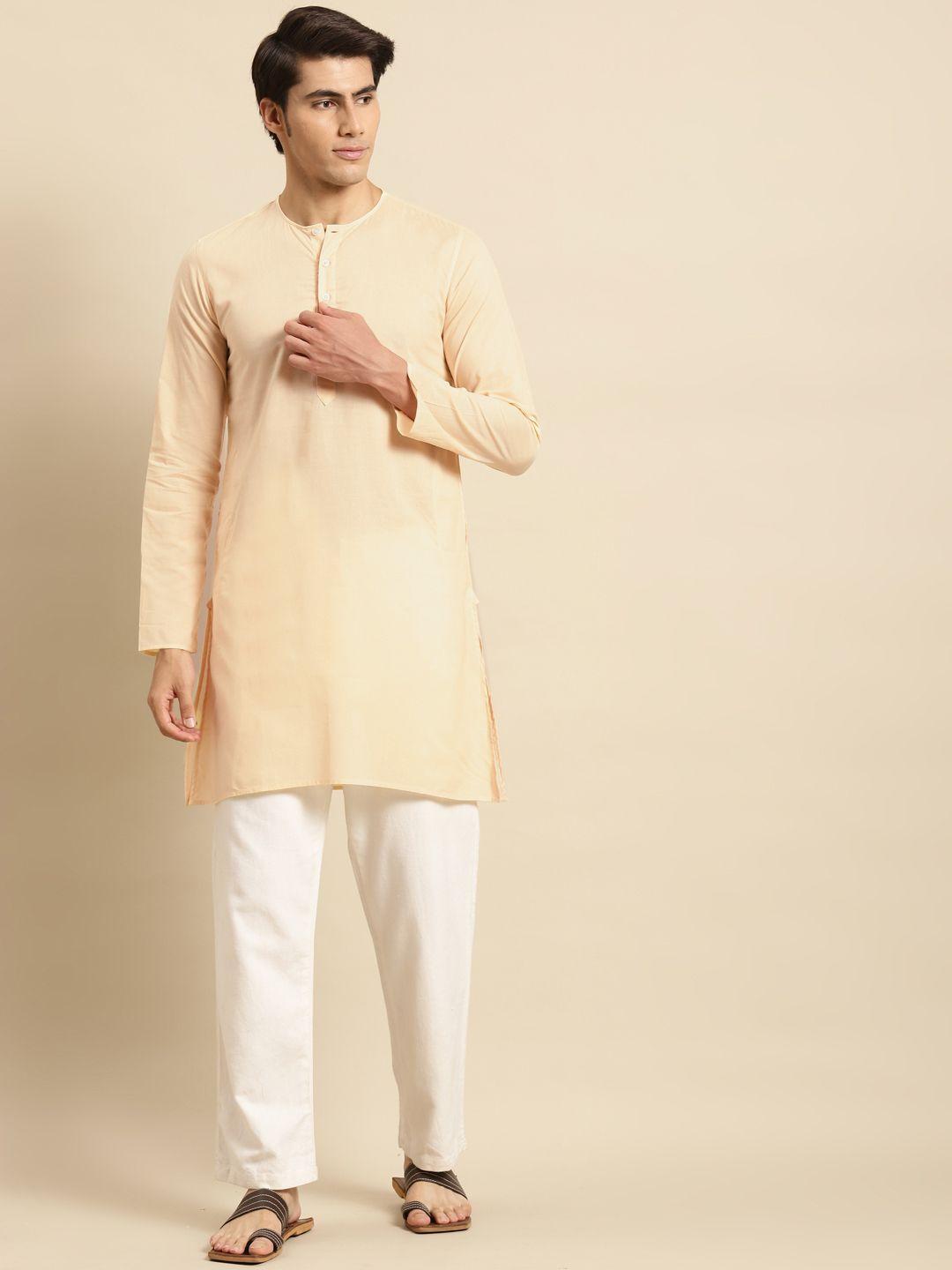 rajubhai hargovindas men cream-coloured solid pure cotton straight kurta