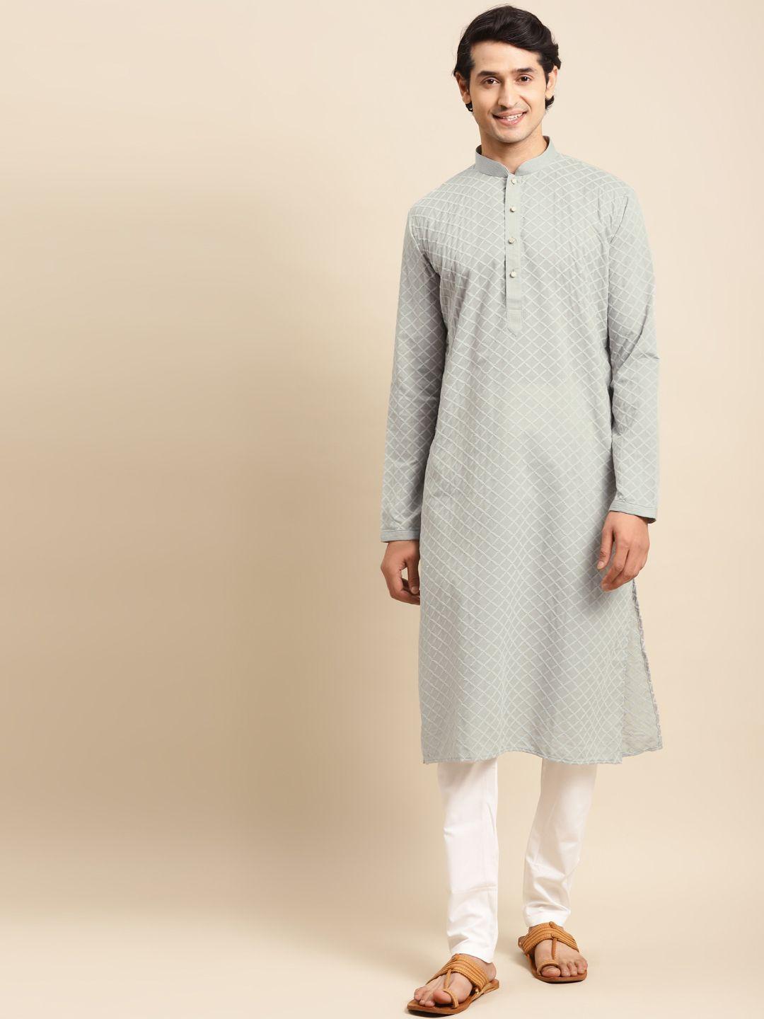 rajubhai hargovindas men grey embroidered chikankari pure cotton kurta with pyjamas