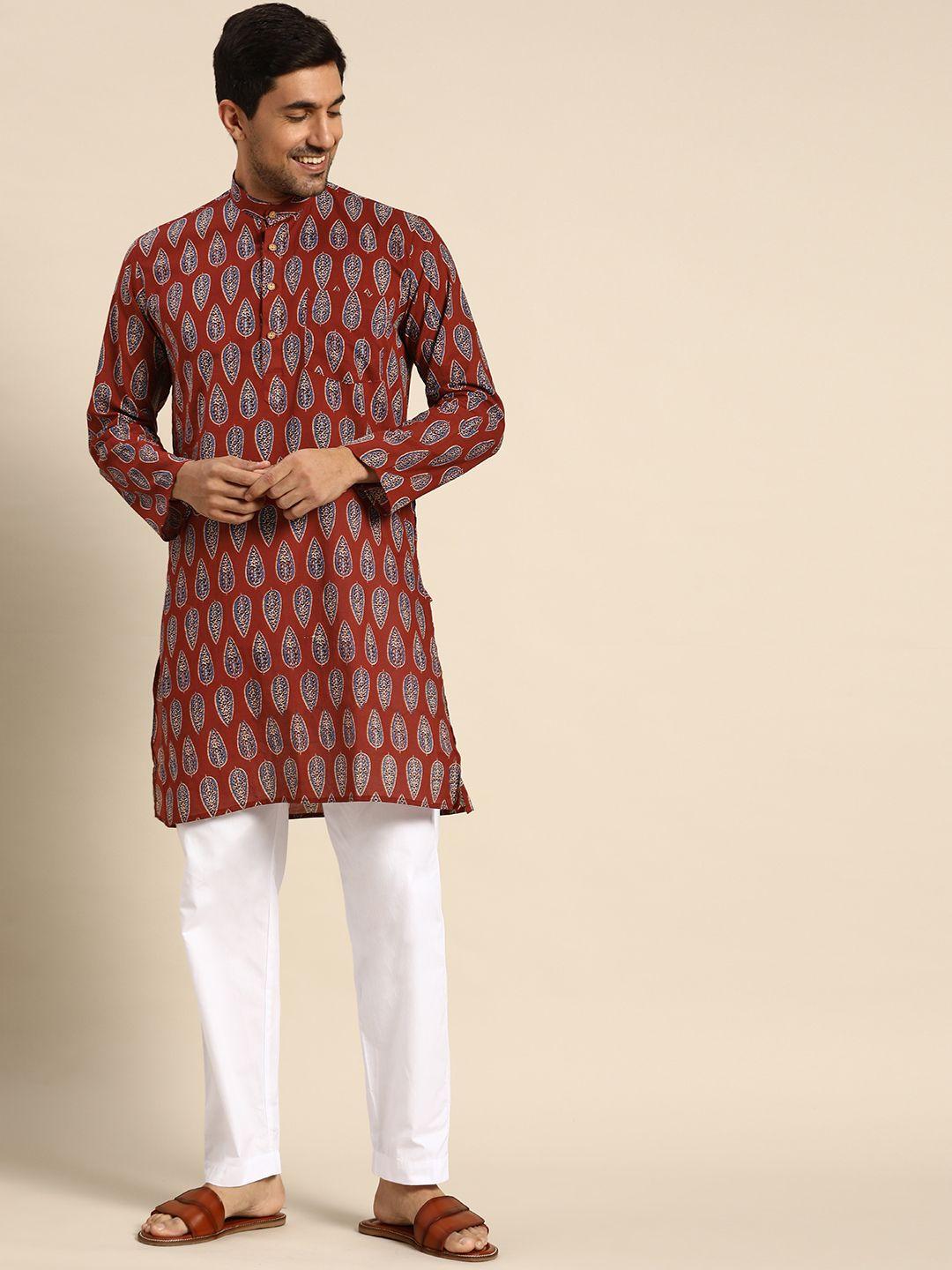 rajubhai hargovindas men maroon & blue ethnic motifs printed cotton indie prints kurta