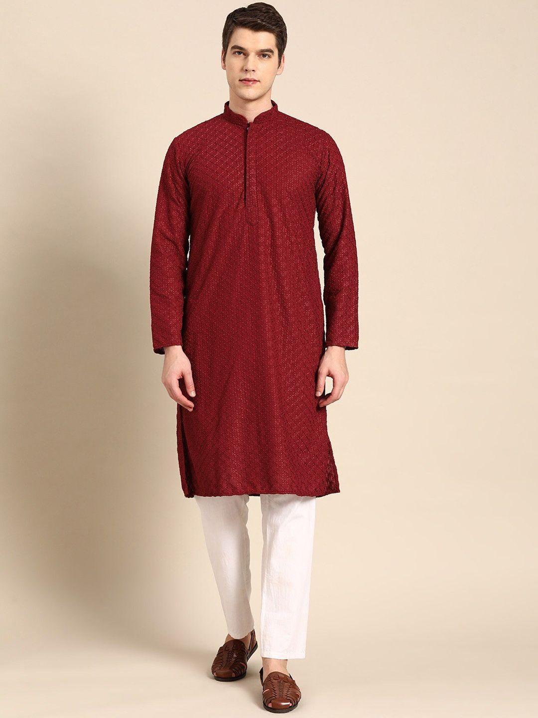 rajubhai hargovindas men maroon floral embroidered thread work pure cotton kurta set