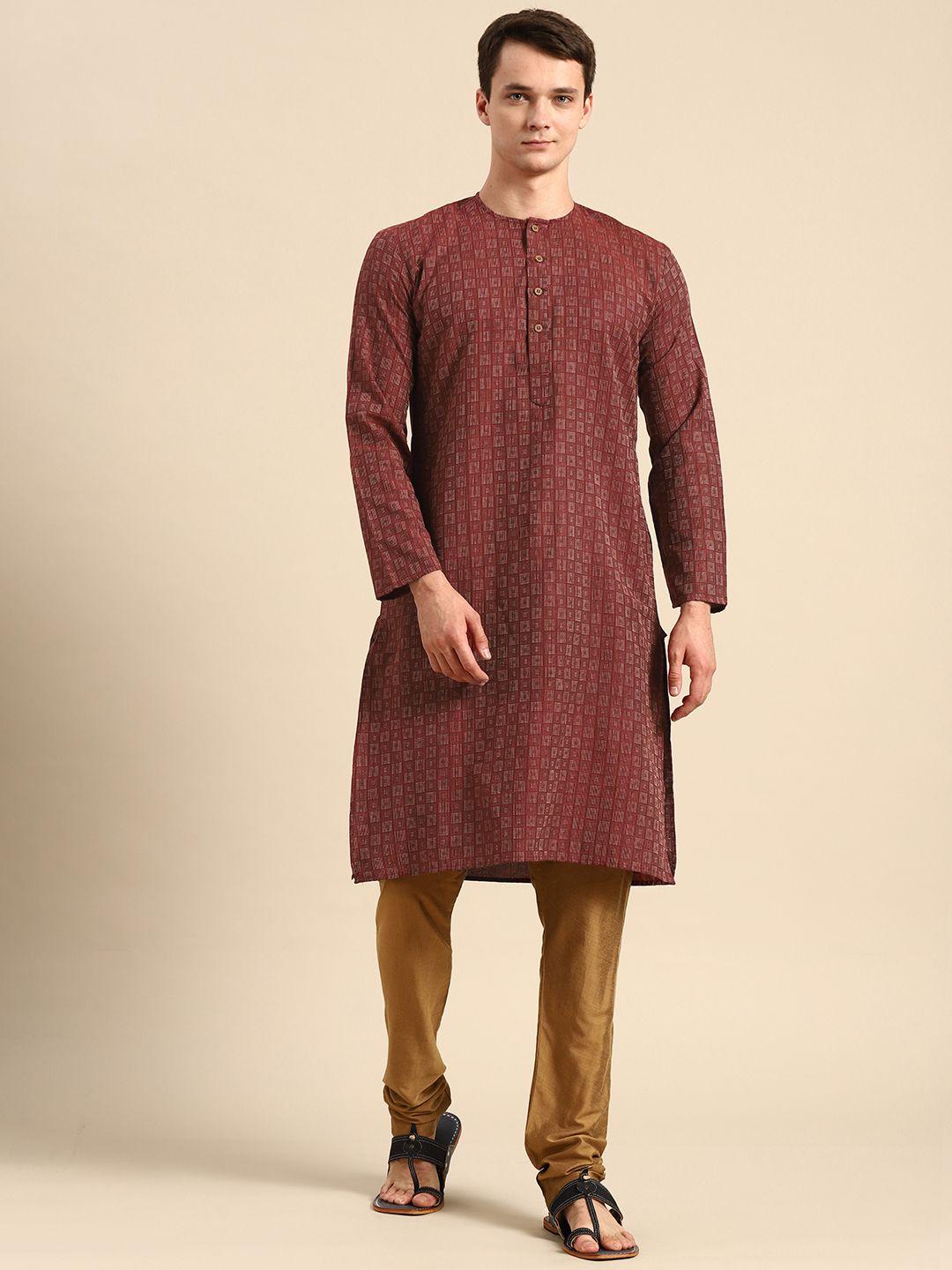 rajubhai hargovindas men maroon geometric checked handloom pure cotton kurta