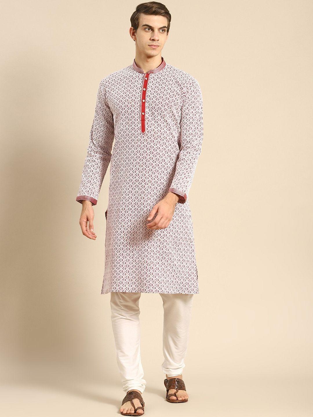 rajubhai hargovindas men maroon printed chikankari pure cotton kurta with pyjamas
