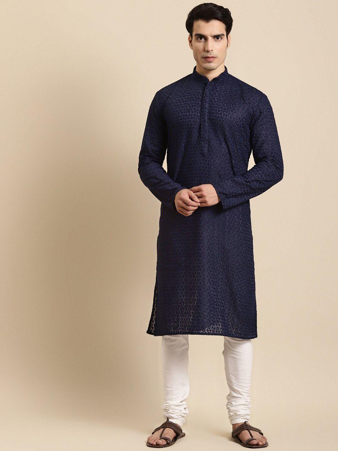 rajubhai hargovindas men navy blue chikankari embroidered pure cotton kurta with pyjamas