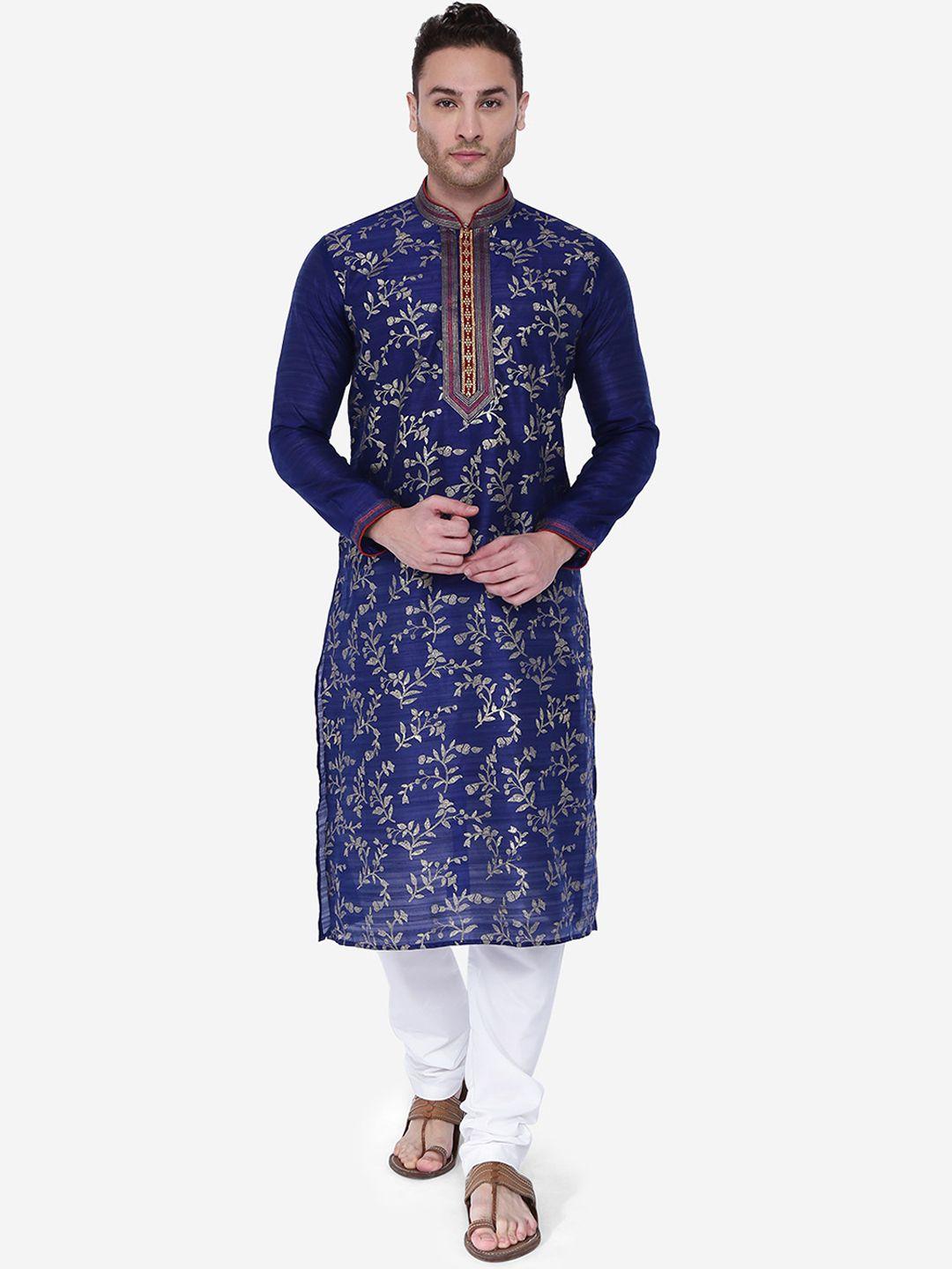rajubhai hargovindas men navy blue cream-coloured emboidered kurta with churidar