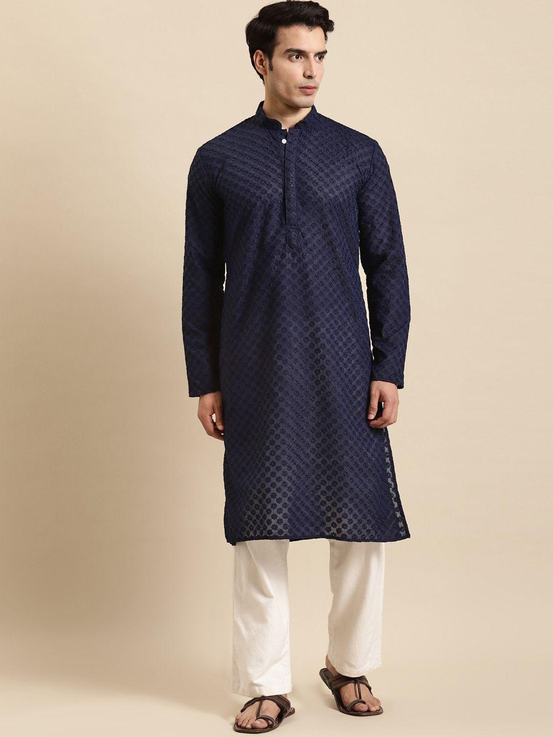 rajubhai hargovindas men navy blue embroidered regular chikankari pure cotton kurta with pyjamas