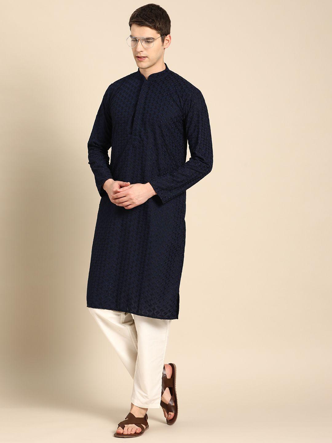 rajubhai hargovindas men navy blue ethnic motifs embroidered chikankari kurta