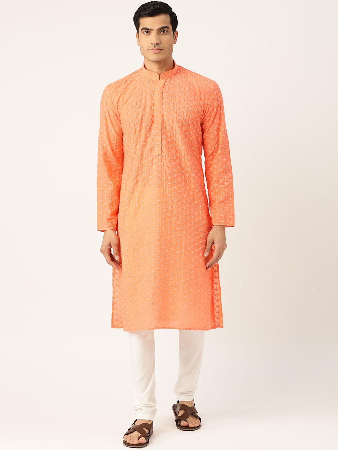 rajubhai hargovindas men peach-coloured & white embroidered kurta with churidar