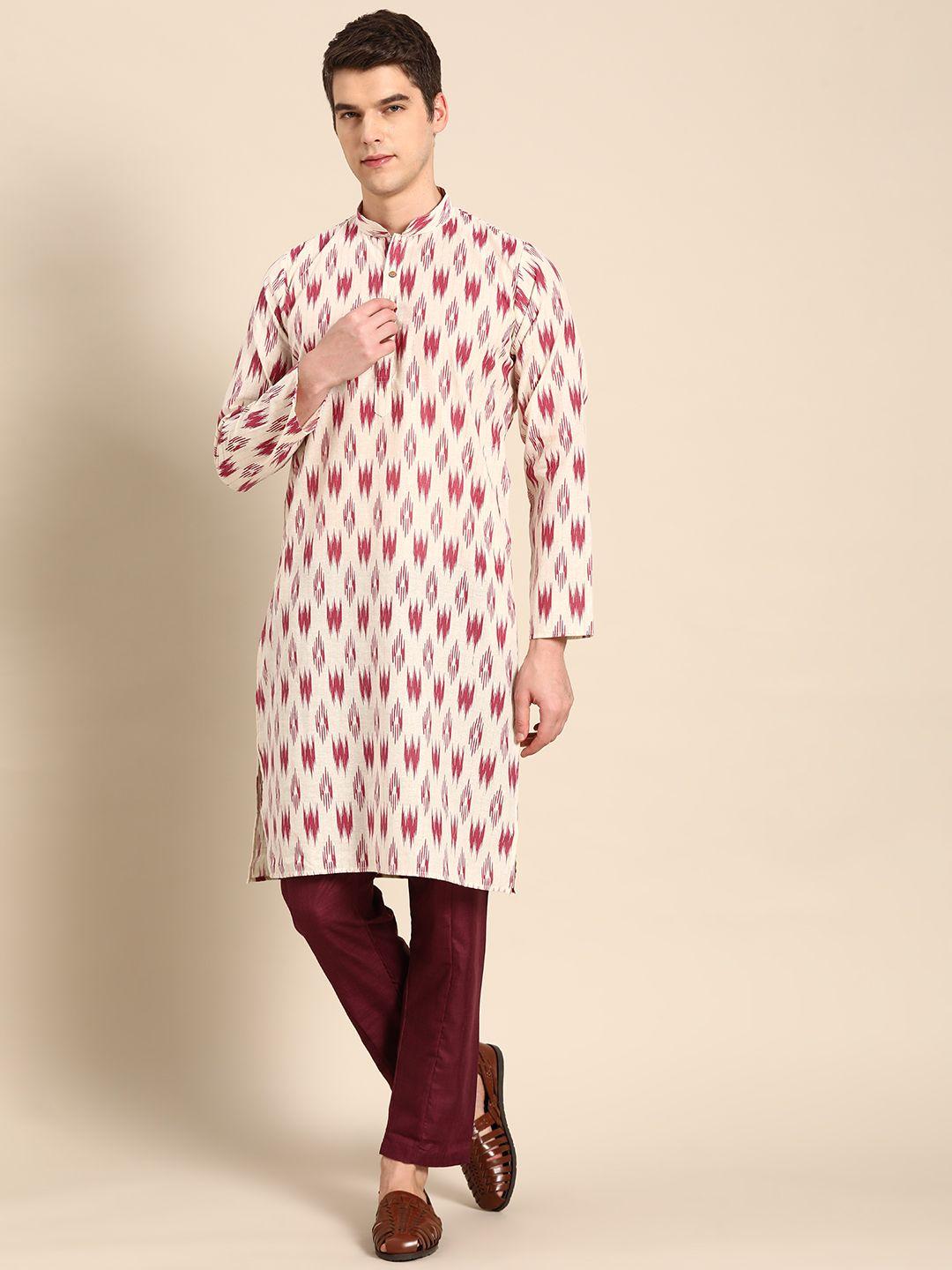 rajubhai hargovindas men purple & beige printed handloom kurta