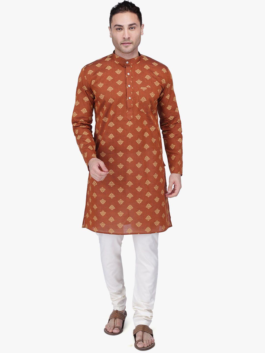 rajubhai hargovindas men rust brown & cream-coloured printed kurta with pyjamas