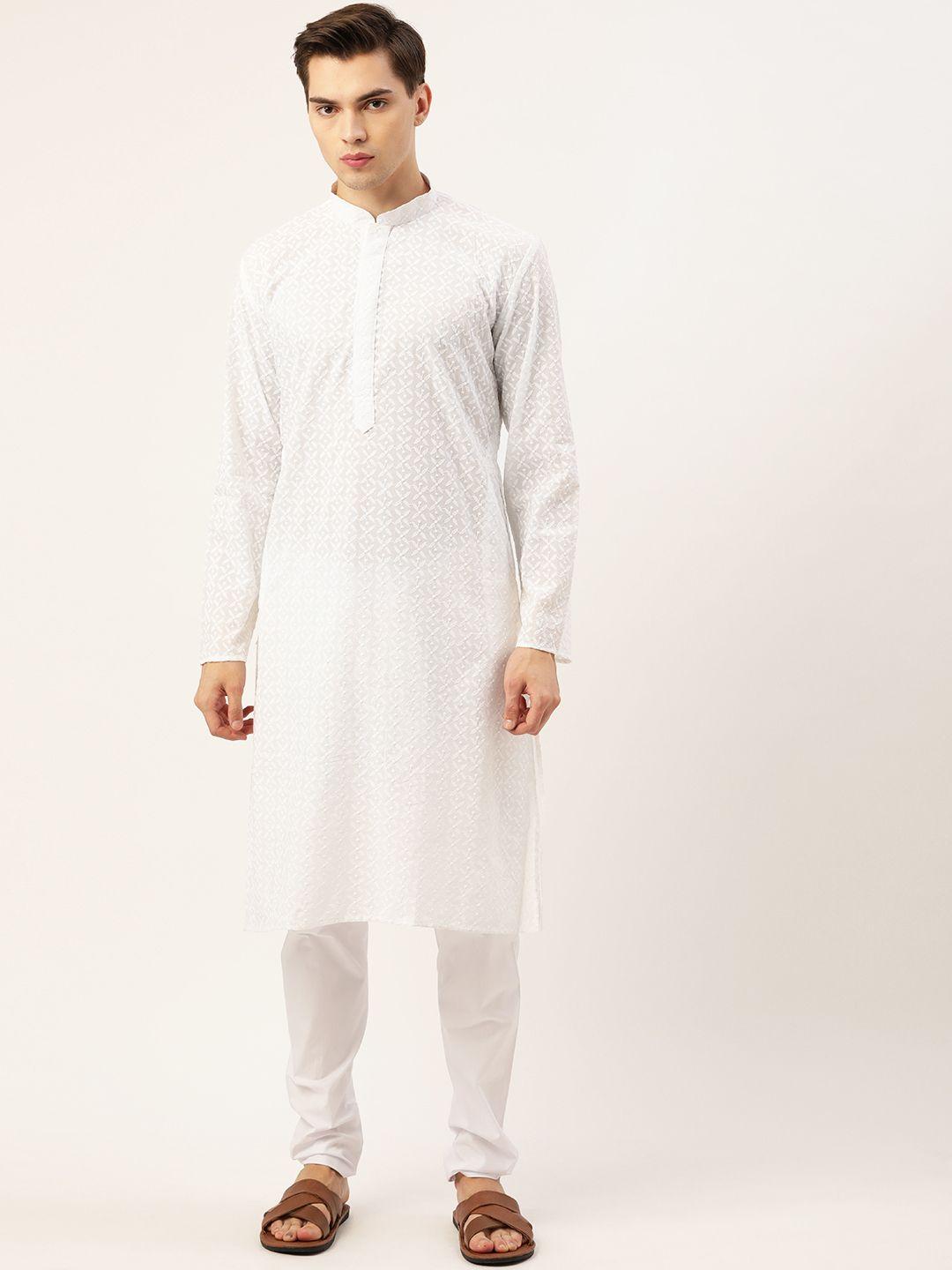 rajubhai hargovindas men white ethnic motifs embroidered chikankari pure cotton kurta with churidar