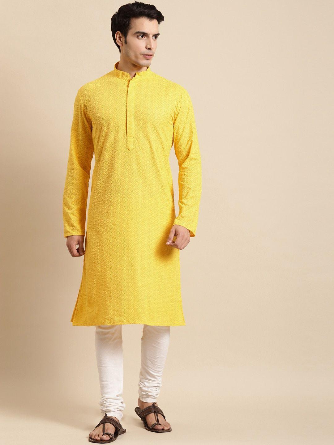 rajubhai hargovindas men yellow embroidered regular chikankari pure cotton kurta with churidar