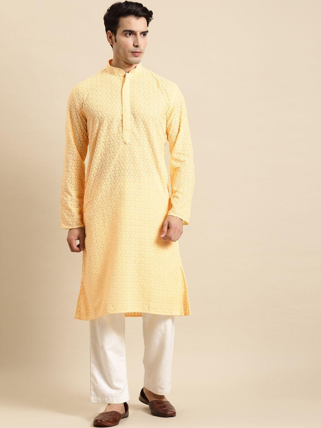 rajubhai hargovindas men yellow ethnic motifs embroidered regular pure cotton kurta with pyjamas