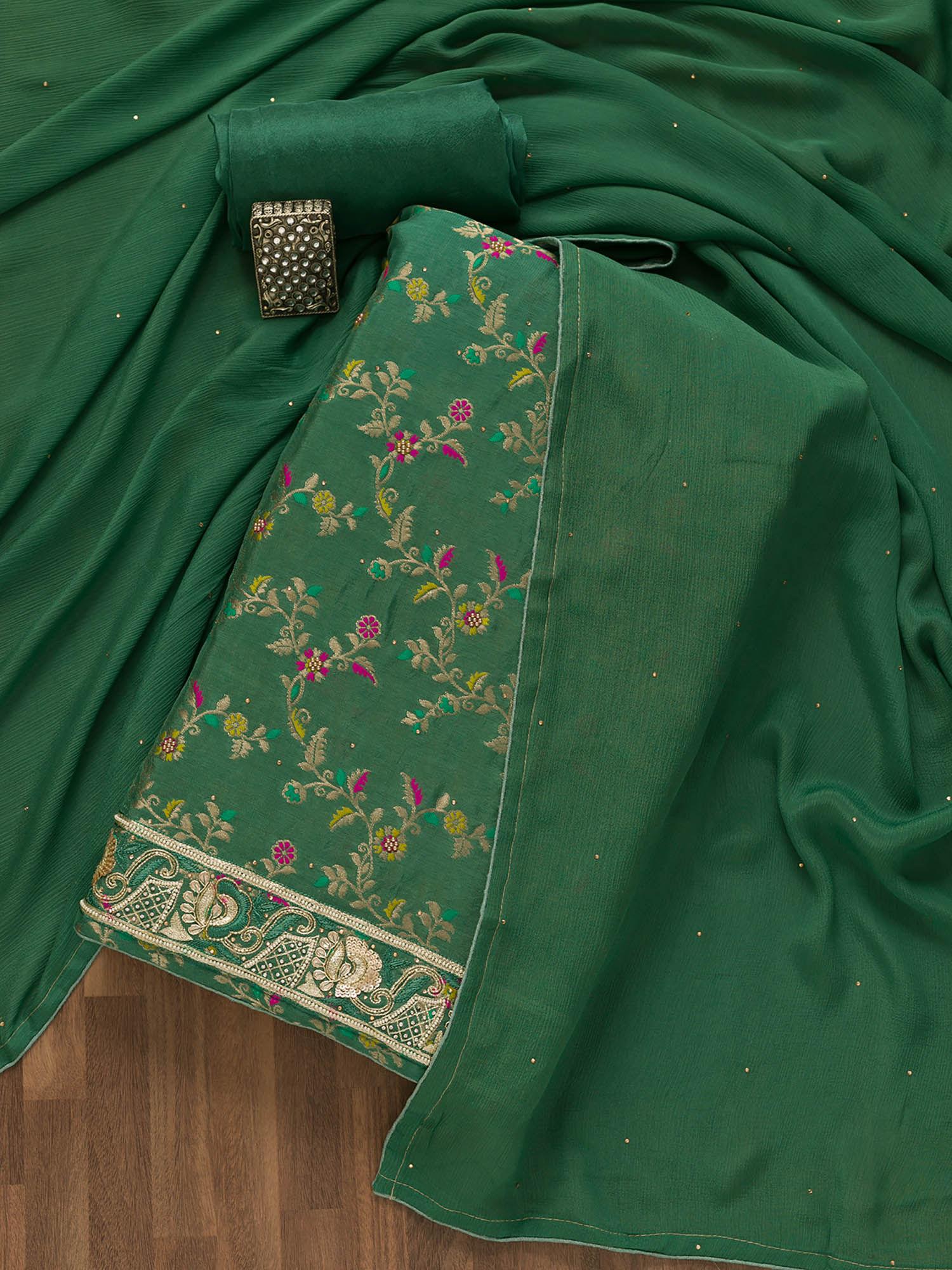 rama green embellished brocade unstitched salwar suit (set of 3)