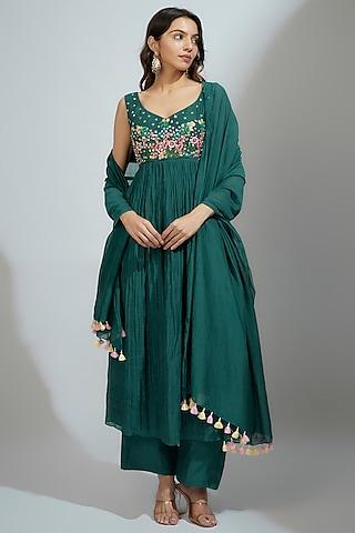 rama green banarasi chanderi resham hand embroidered kurta set