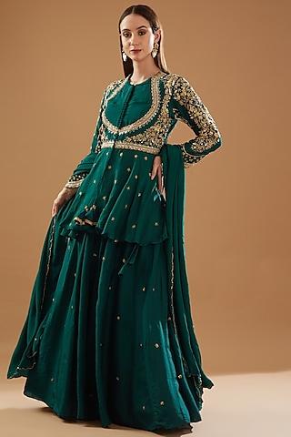 rama green dupion silk embroidered anarkali set