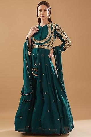 rama green dupion silk embroidered anarkali set