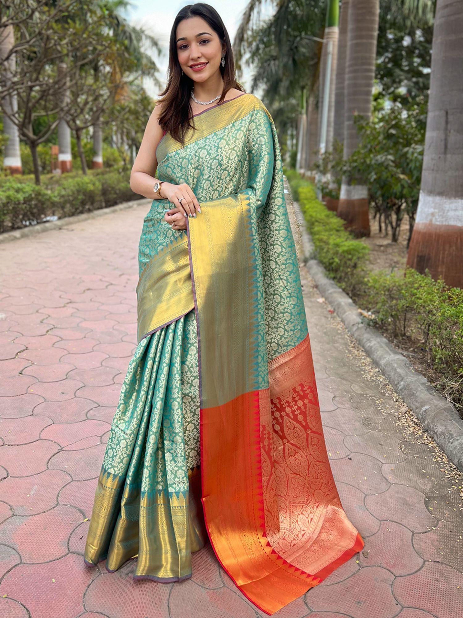 rama green one gram gold tissue saree with unstitched blouse