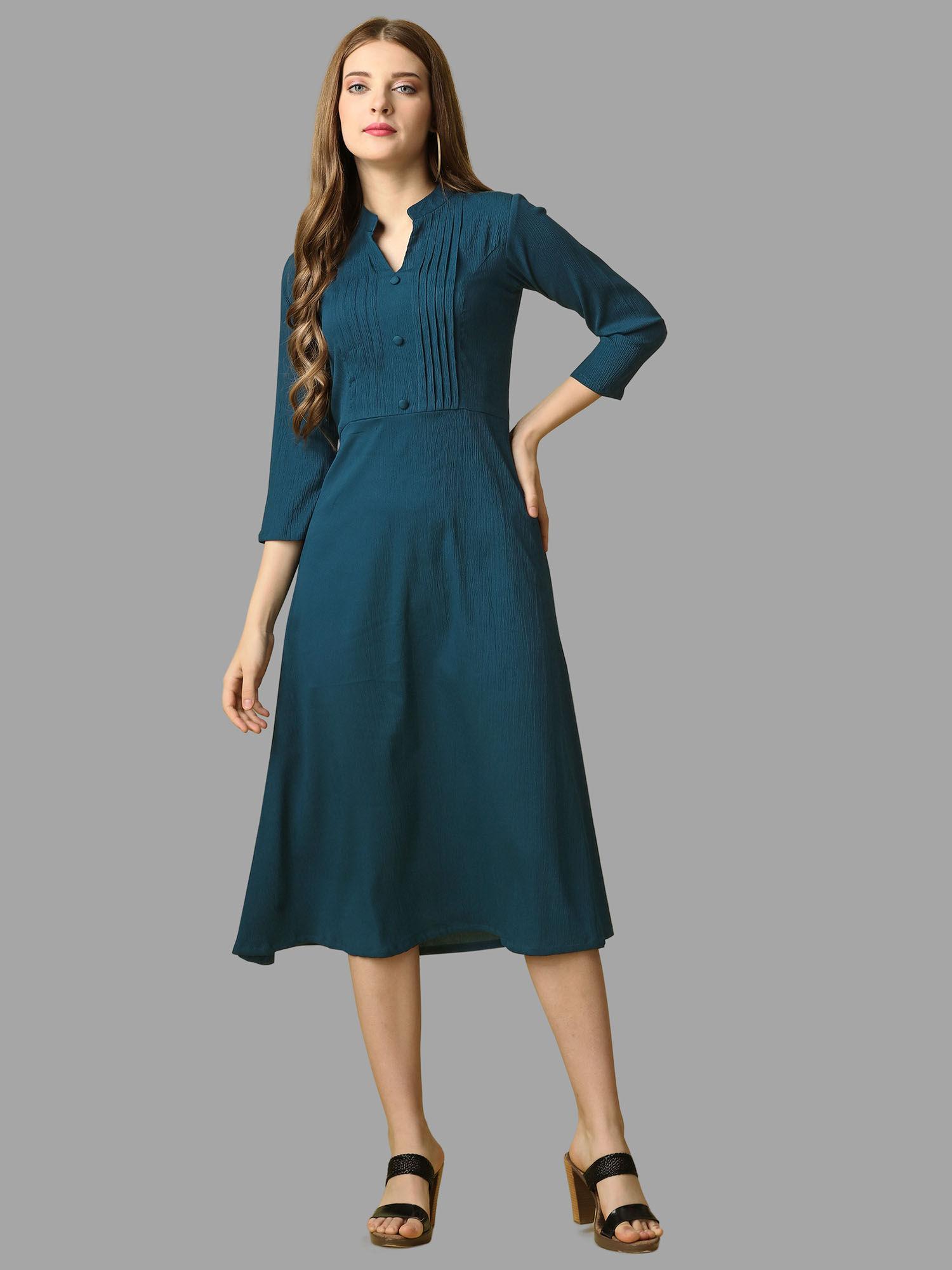 rama teal solid three fourth sleeves midi dress for women