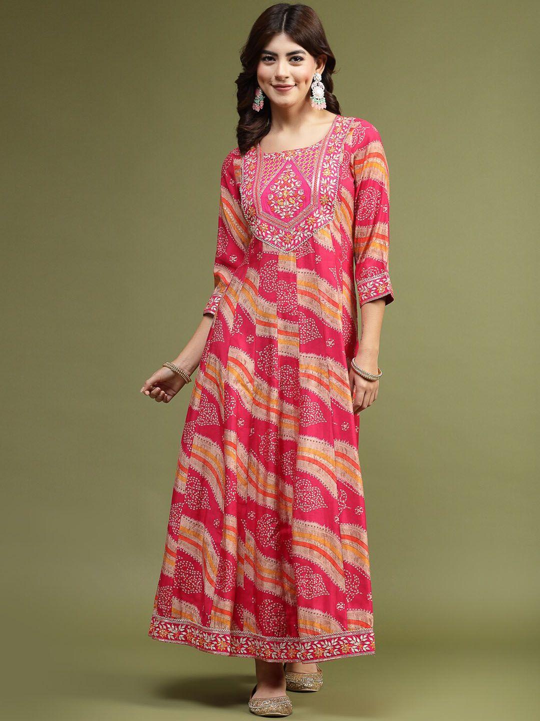 ramas bandhani printed embroidered fit & flare ethnic dress